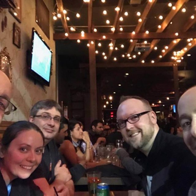 From left to right, Marc Specter, Heather Newton, Robert Johnson, Chris Kirkman, and Josh Cappel eating out at Brew Craft and Wurst in Philadelphia
