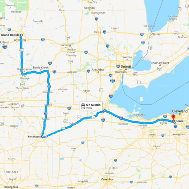 a map showing the driving route used for pocket ops fulfillment from Grand Rapid Michigan to Ft Wayne Indiana to Berea Ohio